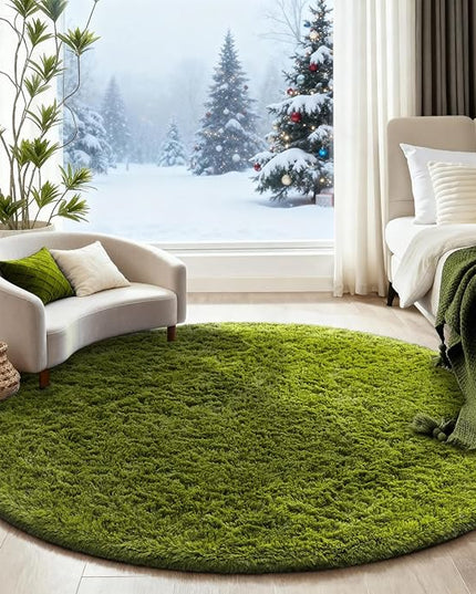 Ophanie Round Rug 6Ft Green Circle Area Rug, Green Room Decor, Fluffy Fuzzy Bedroom Carpet, Plush Soft Shaggy Living Room Rugs for Kids Home Decor Aesthetic, Nursery