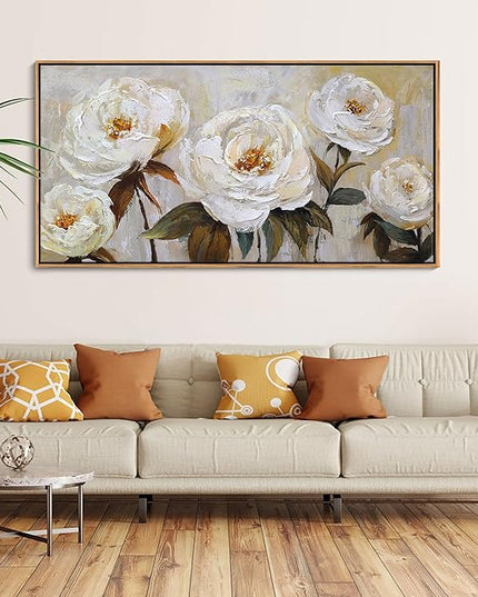 Flower Canvas Wall Art Textured Floral Picture Wall Decor White Large Elegant Painting for Living Room Modern Artwork for Home Decor Pictures for Bedroom Wall Decor 24×48IN