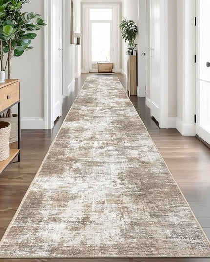 IOHOUZE Abstract Runner Rug 3x18 Ft Extra Long Washable Runners for Hallways, Non Slip Kitchen Runner Printed Faux Wool Entryway Runner Indoor, Modern Abstract Floor Carpet for Hall Stair, Beige Brown