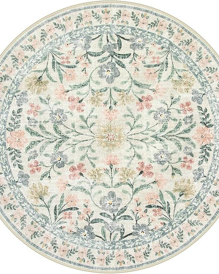Wonnitar Round Washable Rug, Soft Floral Round Rugs 5ft Circle Carpets for Bedroom Ultra-Thin, Boho Beige Print Distressed Circular Carpet for Living Room Dorm Bedside