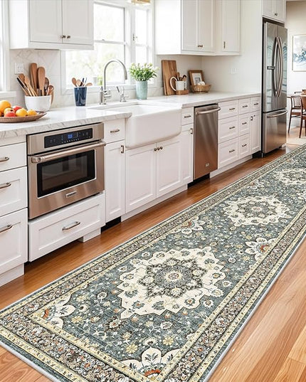 Washable Oriental Hallway Runner Rug - 3x14 Rugs for Living Room Soft Carpet for Bedroom Kitchen Waterproof Floral Distressed Indoor Stain Resistant Non-Shedding Floor Carpets (Blue, 3X14)