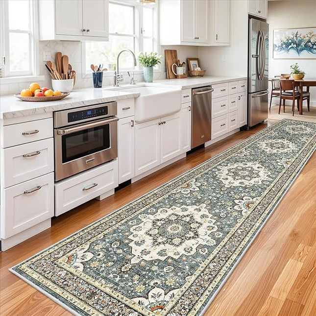 Washable Oriental Hallway Runner Rug - 3x14 Rugs for Living Room Soft Carpet for Bedroom Kitchen Waterproof Floral Distressed Indoor Stain Resistant Non-Shedding Floor Carpets (Blue, 3X14)