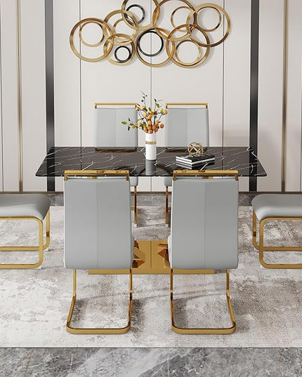 63” Dining Room Table Set for 6,Gold Rectangle Kitchen Table Set with PU Leather Chairs,Black Faux Marble Tempered Glass Top and Golden Base