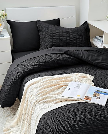 HYMOKEGE Black Twin XL Comforter Set Seersucker 5 Pieces, All Season Luxury Bed in a Bag for Bedroom, Bedding Set with Comforters, Sheets, Pillowcase & Sham
