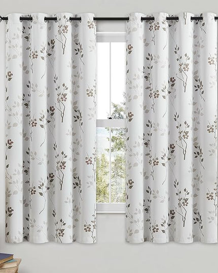 Beauoop Floral 100% Blackout Curtains 54 Inch Length 2 Panels for Bedroom Living Room Tan Brown and White Flower Patterned Room Darkening Thermal Soundproof Grommet Window Treatments Drapes, 52X54