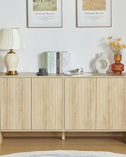 Sideboard Buffets Cabinet, Modern Accent Storage Cabinet with 4 Fluted Doors and Adjustable Shelves, Wood Credenza Buffet Sideboards, Console Table for Kitchen Dining Living Room Entryway (Natural)