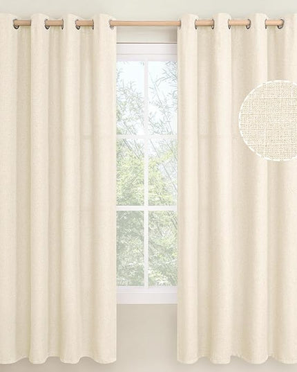 LAMIT Light Beige Linen Curtains 72 inch Long for Bedroom, Grommet Thick Light Reducing Thermal Light Filtering Curtains Window Panels for Living Room/Farmhouse, Set of 2 Panels, W52 x L72