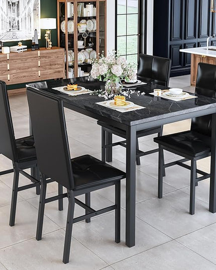 Hooseng Dining Table Set for 4, Modern Faux Marble Kitchen Table with 4 PU Leather Chairs, 5-Piece Small Dining Room Table Set for Dinette, Breakfast Nook, Black