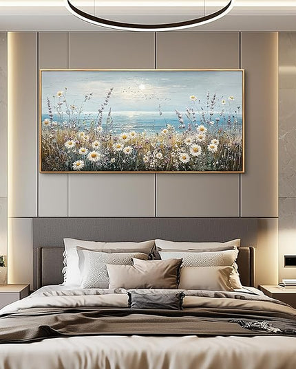 PHAOHUAXM Large Canvas Wall Decoration For Living Room Wall Art For Bedroom Office Decorations Blue Ocean Paintings Flowers Watercolour Wall Pictures Canvas Artworks Home Decor Wood Framed 24x48 In