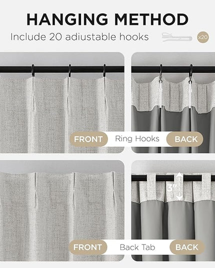 Joydeco Pinch Pleated Curtains - 100% Blackout for Bedroom, White Linen Curtains 40" W x 63" L, Thermal Insulated 2 Panels Light Blocking Drapes, Back Tabs for Living Room