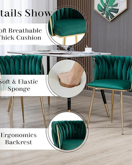 Gold Round Dining Room Table Set for 4, 47'' Modern Luxury Circle Kitchen Table Set, 5 Pieces Large Clear Circular Glass Top Dinner Set, Green Woven Chairs Set, for Apartment Living Room