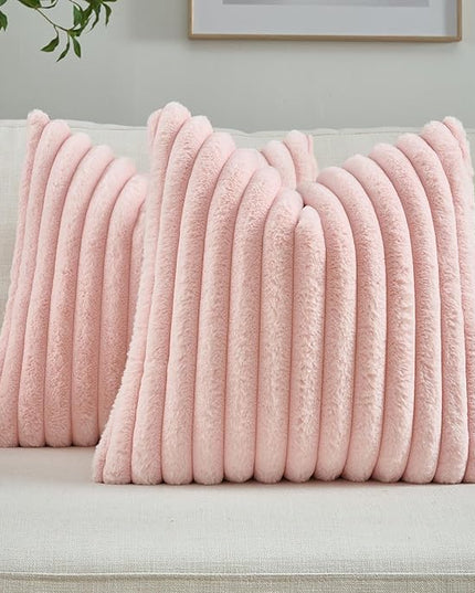 FUTEI Pink Throw Pillow Covers Set of 2, 26x26 Inch Striped Texture Euro Pillow Shams with Soft Faux Rabbit Fur Front & Velvet Back, Modern Decorative Couch Pillows for Living Room