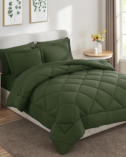 CozyLux Twin XL Comforter Set Olive Green - 5 Pieces Twin Extra Long Bed in a Bag for College Dorm, All Season Bedding Set for Girls and Boys, Soft Bed Set with Comforter, Sheets, Pillowcase & Sham