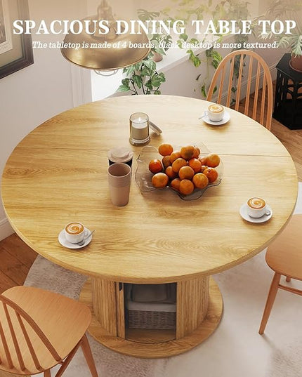 Round Table with Storage,47" Storage Kitchen Table for 4-6 People with Curved Sliding Door Fluted Wood Coffee Table Thickened Tabletop for Dining Room/Kitchen/Living Room,Light Oak Color