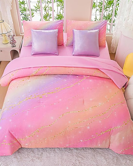 Rainbow Bedding Set Full Size – 7 Piece Reversible Girls Comforter with Deep-Pocket Sheet, Gradient Galaxy Design, Whole-Piece Filling, Machine Washable Bed-in-a-Bag for Kids Room Makeover & Gifts