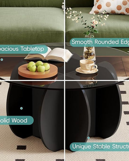 Coffee Table for Living Room Mid Century Modern Round Center Table with Glass Top, Black