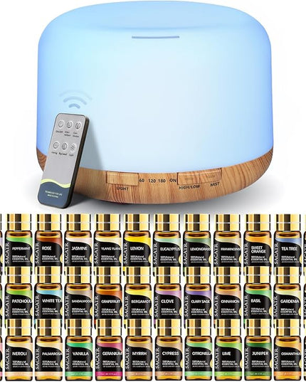 SACATR Essential Oil Diffusers for Home with 36 Oil Diffuser Sets, 500ml Aroma Diffuser for Essential Oils Large Room, Ultrasonic Cool Mist Diffuser Auto Shut-Off 4 Timers 15 Colors (36x5mL)