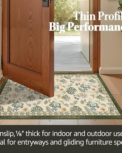 jinchan Elora 2x3 Floral Rug for Entryway Washable Rug Vintage Romance Design Christmas Small Mat Non Slip Indoor Doormat Lightweight Low-Profile Throw Carpet for Bathroom Laundry Room, Green/Beige
