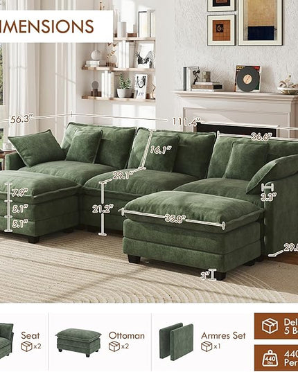 WorthFurni 111.4” Modular Sectional Sofa, U Shape Cloud Couch with 2 Movable Ottoman, Comfy Chenille Deep Seat Sofa with Soft Pillows for Living Room Apartment (Green)