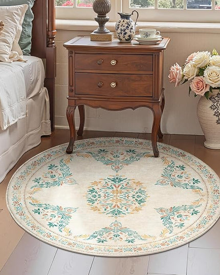jinchan Round Rug 4ft Area Rug Vintage Floral Distressed Design Machine Washable Soft Non-Slip Low-Pile Ultra-Thin Circle Rug for Entryway Bedside Living Room Kitchen Nursery (4' Round, Apricot Multi)