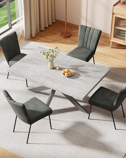ZckyCine 6-Piece Extendable Dining Table Set, Modern 63''–79'' Grey Wood Table with 6 Grey Fabric Chairs, Dining Room Table and Chairs for 6, Ideal for Kitchen or Dining Room