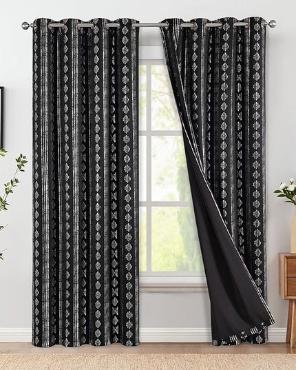 jinchan 95% Blackout Boho Curtains 84 Inches Long for Christmas Bedroom Living Room Decor Festive Silver Geometric Foil Printed Curtain Grommet Top Room Darkening Drapes Off White 52 x 84 2 Panels