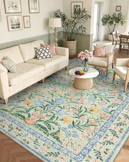 Wonnitar Boho Washable Rugs 8x10, Large Floral Rugs for Bedroom, 8 x 10 Soft Green Living Room Carpet, Non Slip Ultra-Thin Carpet for Kids Playroom Dorm Dining Room