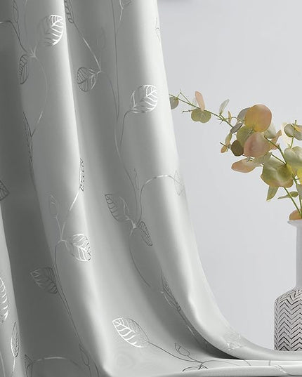 BUHUA Wave Silver Leaf Print Blackout Curtains for Living Room Darkening Curtains Light Blocking Curtains for Bedroom 52W×84L Silver Grey 2 Panels