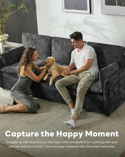 Tbfit Modern Couch, 89" Cloud Sofa, Spring Seat Cushions, Comfy 3-Seater w/Pillows, Chenille Fabric Removable Covers, Soft Upholstered Living Room Furniture for Home Apartment, Dark Gray