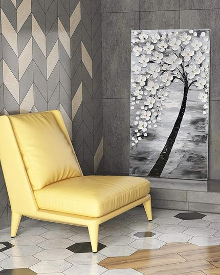 Yihui Arts Hand-Painted Textured White Blossom Tree Art on Canvas, Grey & Black Toned Floral Painting for Modern Home Decor, Unique Thick Textured Petals Wall Art