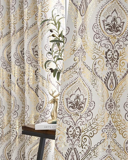 jinchan Blackout Curtains 84 Inches Long Golden Foil Damask Medallion Window Curtains for Bedroom Grommet Thermal Insulated Drapes for Living Room Vintage Luxury Window Treatments Set 2 Panels