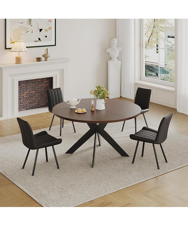 Walnut Round Dining Table Set for 4, Mid-Century Modern Kitchen Table and Chairs, Small Space Dining Room Furniture for Apartment, Breakfast Nook or Studio (Walnut wood-1 Table + 4 Black Chairs)