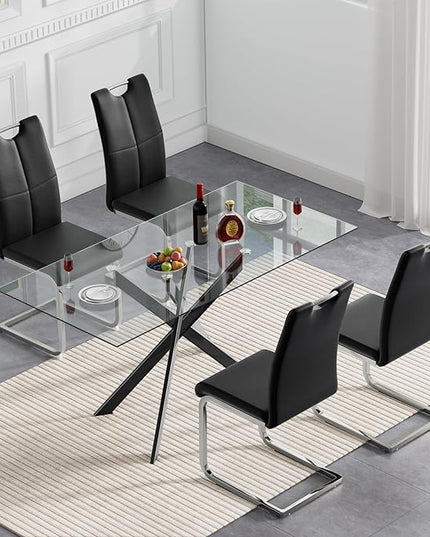 HomVent 5 Pieces Rectangular Glass Dining Table Table Set, Glass Kitchen Table Set for 4 with 4 PU Dining Chairs for Kitchen Dining Room