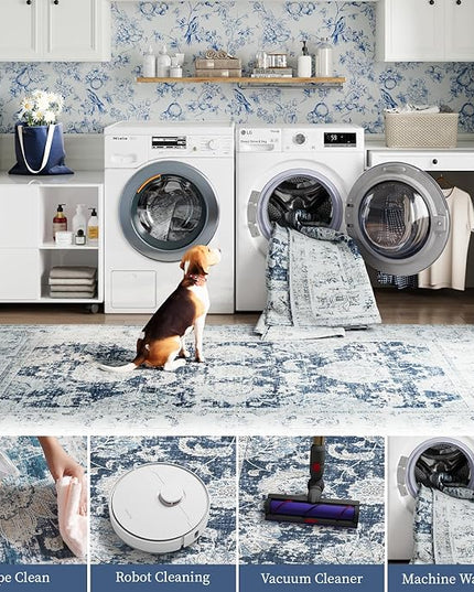 jinchan Fiora Long Hallway Runner Rug 2x12 Machine Washable Runner Rug Dark Blue Vintage Floral Design Non-Slip Ultra-Thin for Kitchen Laundry Room Bedroom Farmhouse (2‘x12', Dark Blue)
