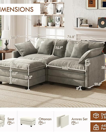 WorthFurni 77 Inch L Shape Cloud Sofa, Modular Sectional Couch with Ottoman, Comfy Chenille Deep Seat Loveseat with Pillow for Living Room Bedroom Apartment （Grey）