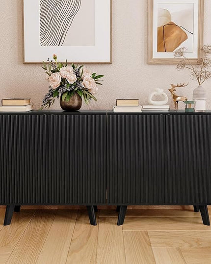 Modern Sideboard Buffet Cabinet Console Table, Accent Storage Cabinets Credenza Buffer Cabinet with 4 Fluted Doors for Kitchen Dining Living Room Entryway(Black)
