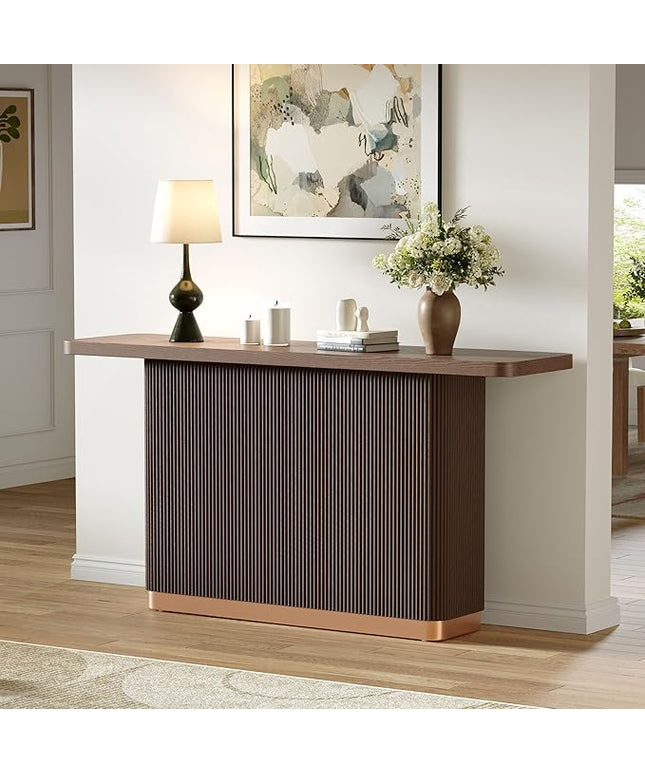 Console Table, Fluted Console Table for Entryway, Ash Veneer Top, Fluted Base with Metal Accent, Modern Hallway Table, Brown