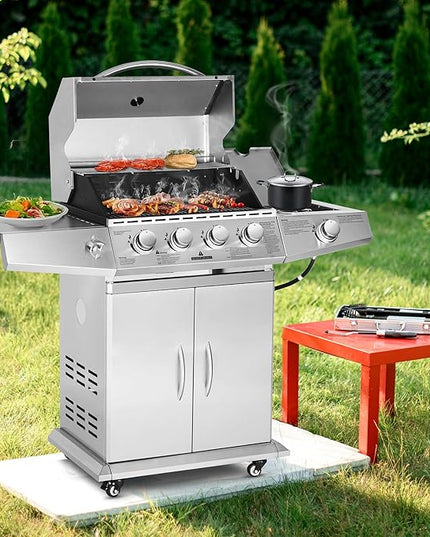 Polar Aurora Propane Gas Grill 4 Burners with Side Burner, Stainless Steel Grill Cart with Wheels for Outdoor Patio Garden Backyard Cooking bbq Grill