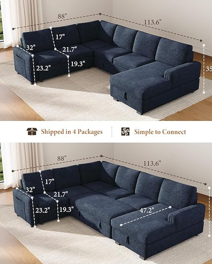 Vesgantti 113.6" Pull Out Sofa Bed with Chaise, 7 Seater U Shaped Sleeper Sofa with Storage Chaise, Comfy Chenille Modular Sectional Couch for Living Room, Bedroom, Apartment, Blue