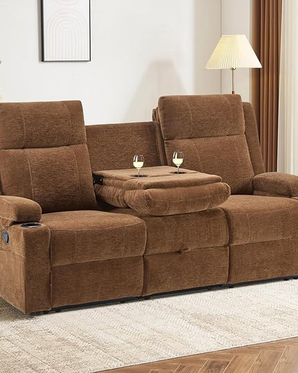 Reclining Sofa Couch,Loveseat Recliner Sofa with Drop Down Table/ 4 Cup Holder/Hidden Storage, Wall Hugger Recliner Sofa for Living Room & Home Theater & RV(Brown)