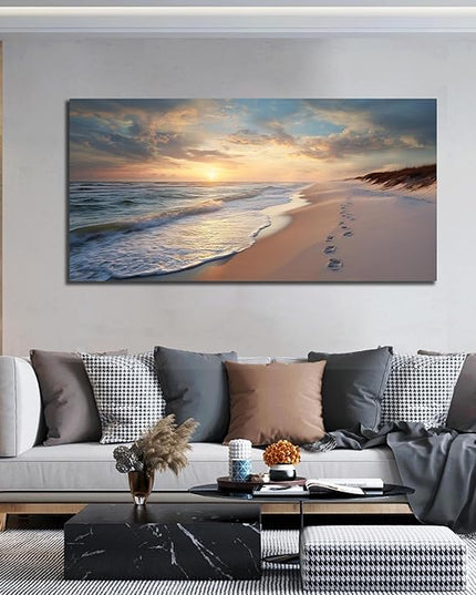 Ouzzlie Seascape Wall Art Ocean Wall Decor Blue Picture Art Print Sun Canvas Large Landscape Artwork for Living Room Bedroom Office 29" x 59"