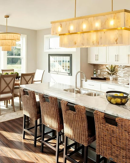 Rectangle Alabaster Chandelier, L54 Brass Linear Chandeliers Over Table Pendant Light Modern Mrable Rectangular Chandelier for Kitchen Island Dining Room Living 2-Tier Gold(Include 16 Bulbs)
