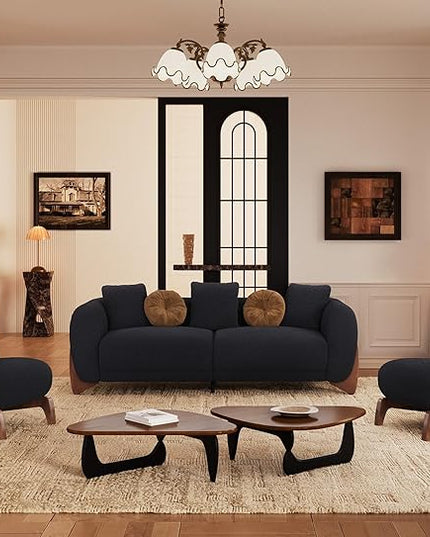 Morden Fort Modern Cloud Couch - 3 Seater Sherpa Boucle Sofa with Wood Legs, Ultra-Thick High Resilience Cushion with 3 Matching Pillows Upholstered Comfy Couch Sofa for Living Room - Black