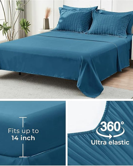 HYMOKEGE Teal King Size Comforter Set Seersucker 7 Pieces, All Season Luxury Bed in a Bag for Bedroom, Bedding Set with Comforters, Sheets, Pillowcases & Shams