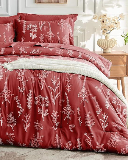 MUXHOMO Brown King Comforter Set, Elegant Floral Print Bed in a Bag 7 Pieces, Ultra Soft & Breathable Reversible Botanical Pattern Bedding Set with Comforter, Sheets, Pillowcases, and Shams
