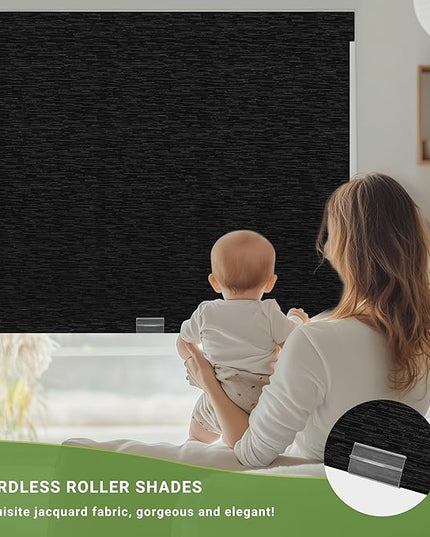 Blackout Roller Shades for Indoor Windows, Cordless Jacquard Fabric-Matched Roller Blinds, Easy to Install Privacy UV Protection Roll Up Blinds for Home Office, Black, Custom Size
