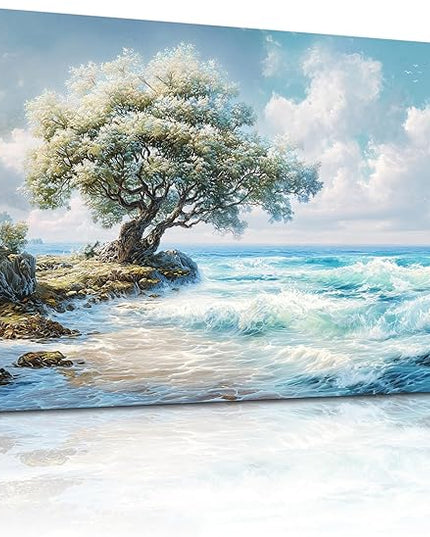 XIGUANGART Coastal Canvas Prints Wall Art Beach Sunset Ocean Waves Nature Pictures Trees on Rock Blue Painting Seascape Wall Decor for Living Room Bedroom Bathroom Home Office Artwork 40L x 20W