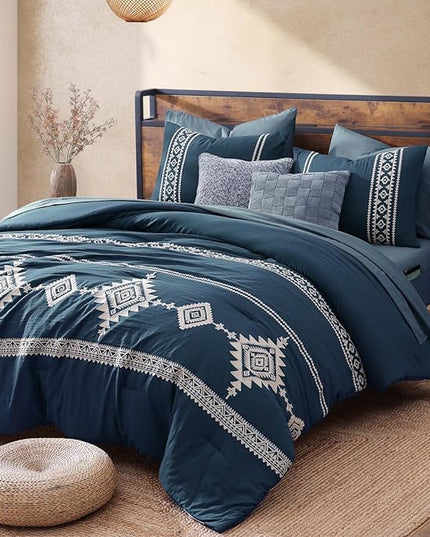 MaiRêve Embroidery Full Size Comforter Set Navy Blue, Farmhouse Western Boho Bedding Set 7 Pieces, All Season Bed in A Bag Comforter Set with Sheets, Pillowcases & Shams