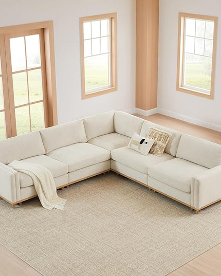 CHITA Super Large Luxury V Shape Corner Sectional Modular Sofa, Down Filled Modern Sofa, Deep Seat Comfty Cloud Couch, 114 inch Width, 5 Seat Couch with Chaise, Solid Wood Leg, Linen