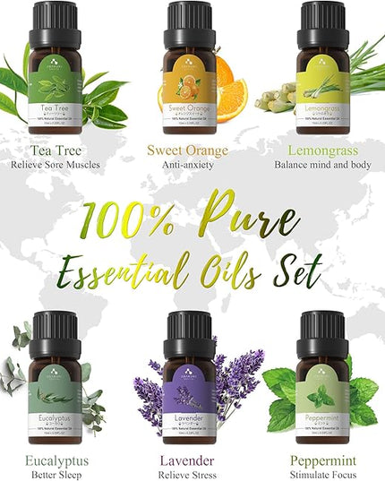 ASAKUKI Oil Diffuser with Essential Oils Set, 500ml Aromatherapy Humidifier with 14 LED Colors & Auto Shut-Off - 6 Oil Gift Pack(Lavender Eucalyptus Tea Tree Orange Peppermint Lemongrass)